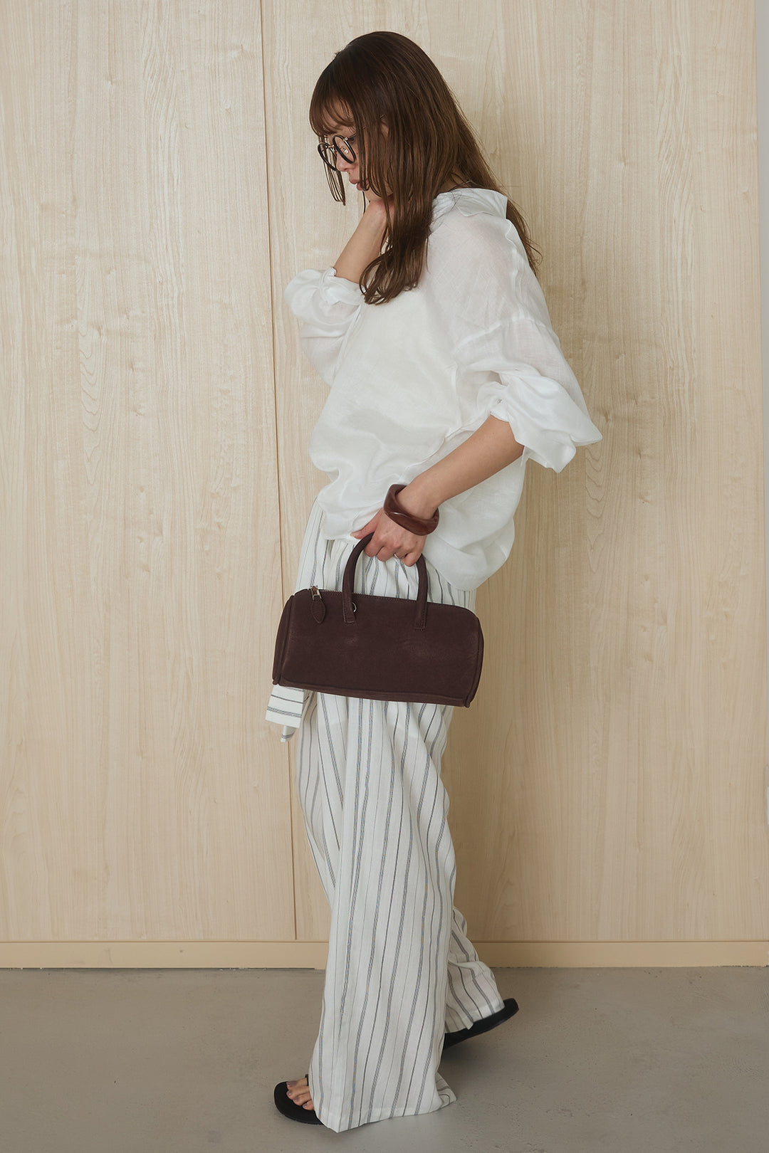 [SET]襟付きボタンブラウス+ウエスト巻きピンストライプパンツ(2set)