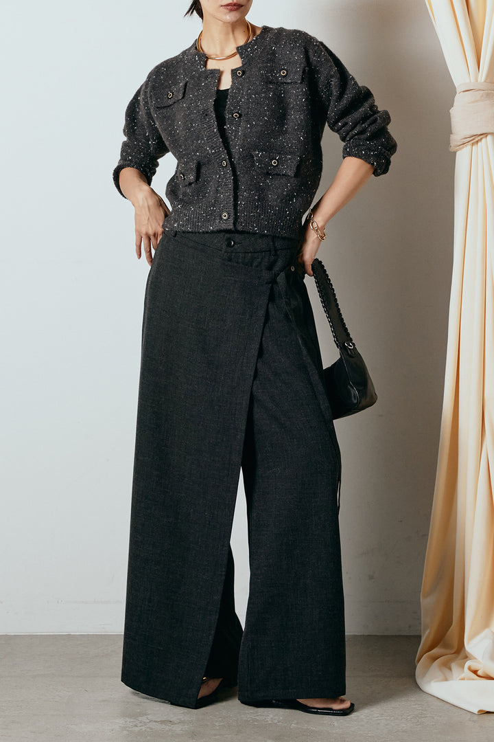 [SET]ネップニットカーディガン+ラップ巻きワイドスラックス(2set)