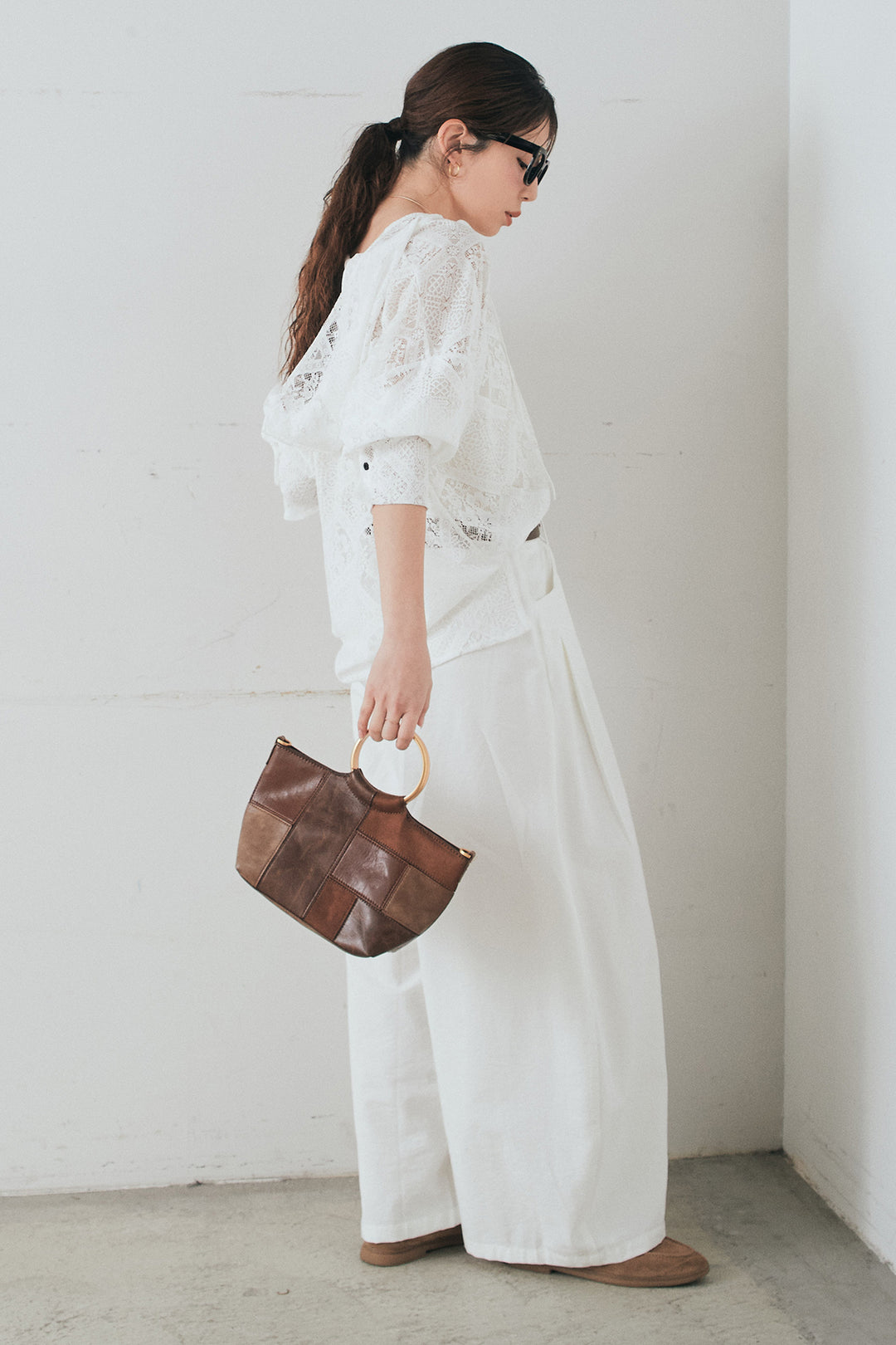 [SET]ブロックレースフード付きブラウス+ベルト付きサイドタックワイドパンツ(2set)