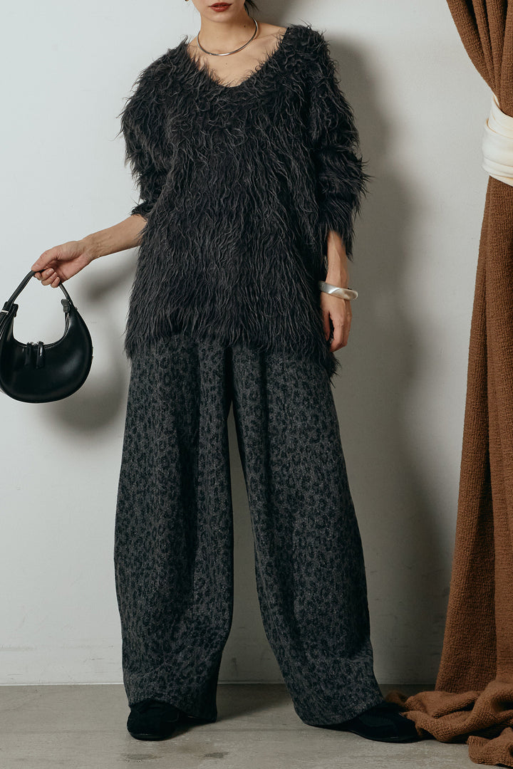 [SET]深Vネックシャギーニットトップス+リラックスレオパード柄ワイドパンツ(2set)