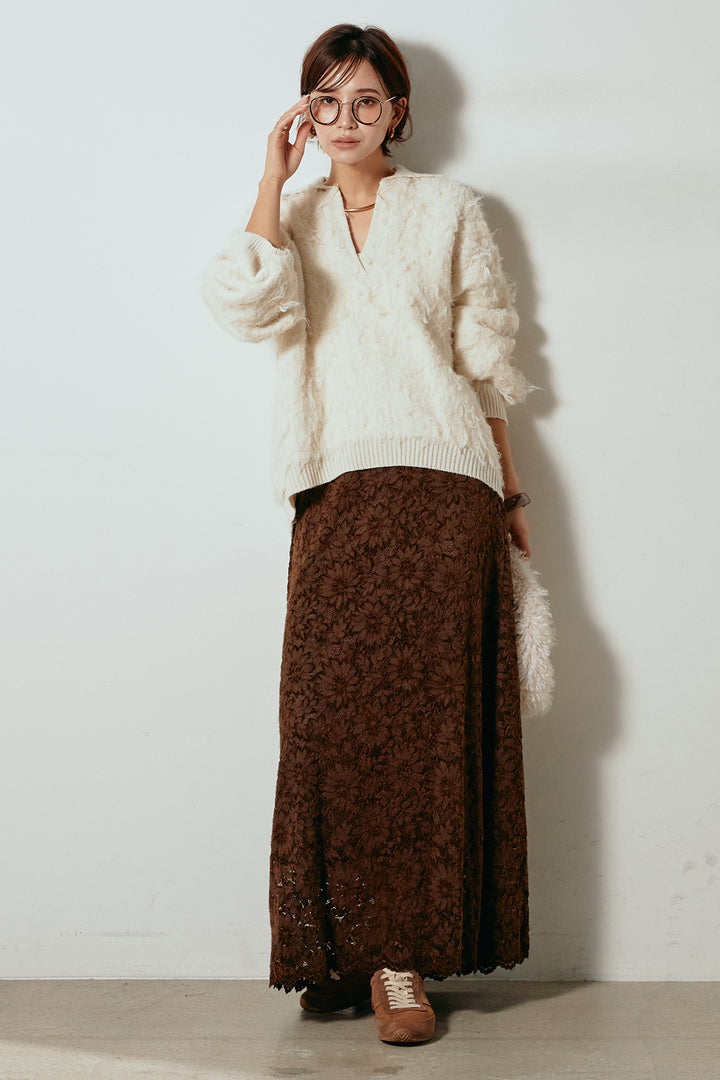 [SET]襟付きシャギーニットポロトップス+花柄刺繍ベロアフレアスカート(2set)