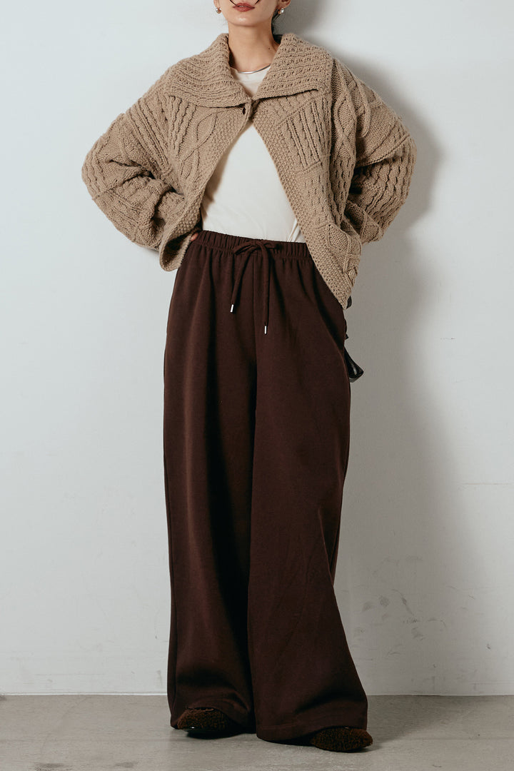 [SET]ビッグカラーケーブル編みニットトップス+2WAY袖コード刺繍クルーネックプルオーバー+裏起毛スウェットワイドパンツ(3set)