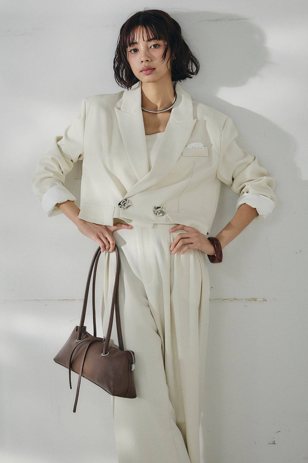 [SET]メタルプレートショート丈ジャケット+メタルプレートタックワイドパンツ(2set)