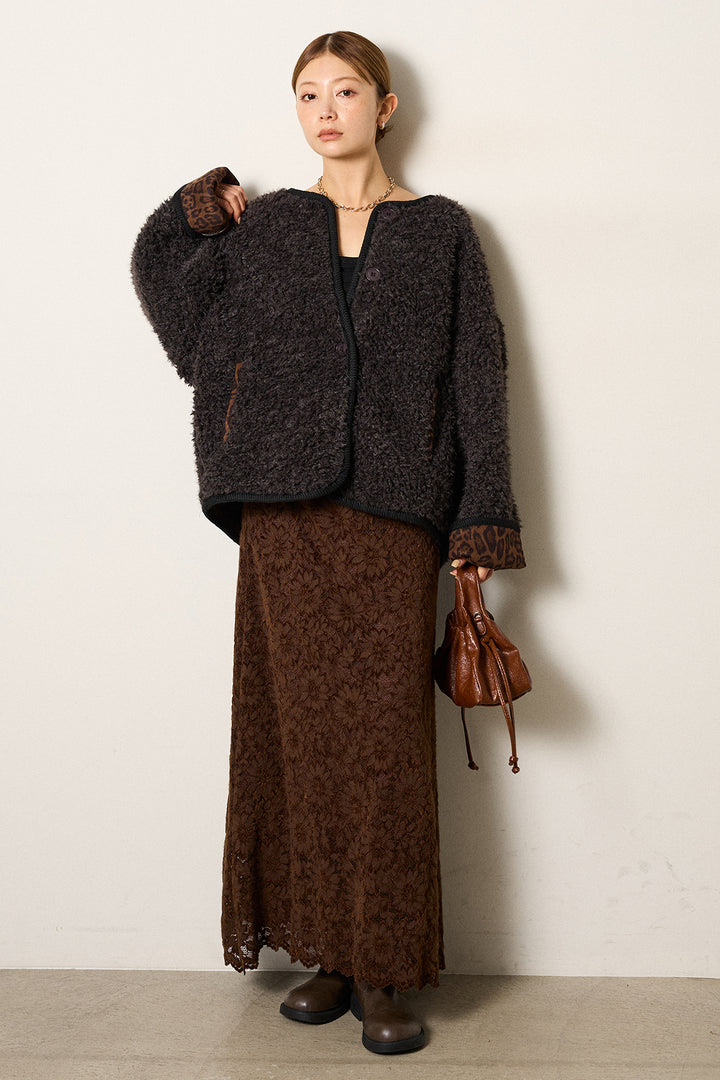 [SET]ノーカラー裏地レオパードボアアウター+花柄刺繍ベロアフレアスカート(2set)