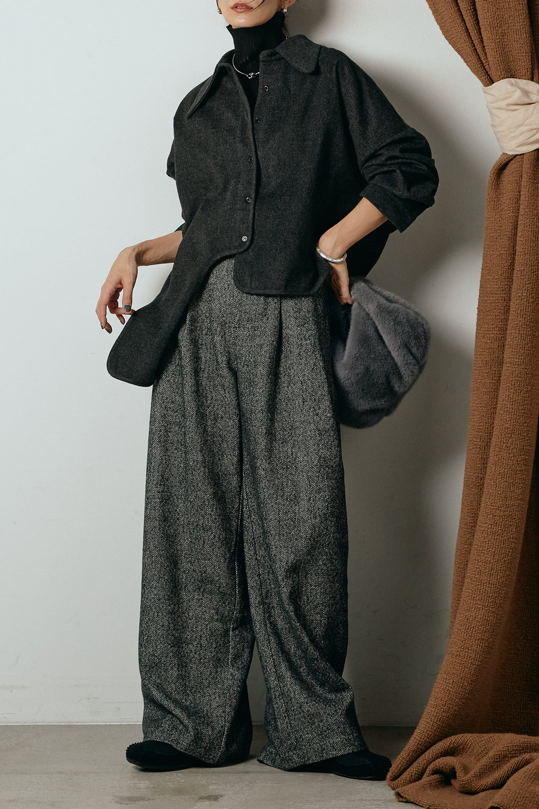 [SET]裾アシンメトリーデザインシャツ+タックツイードワイドパンツ(2set)