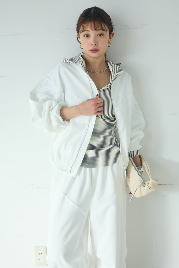 [SET]マルチ切り替えドルマンブルゾン+ランダムタックデザインワイドパンツ+ボーダーフーディーロンT(3set)