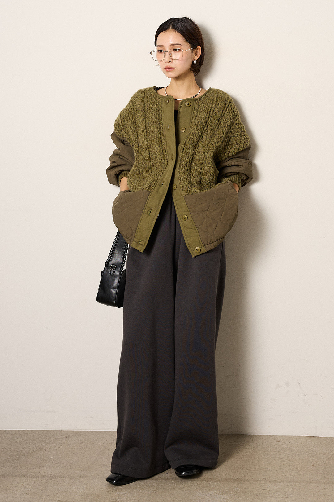 [SET]アラン編みニットノーカラー裾キルティングブルゾン+裏起毛スウェットワイドパンツ(2set)