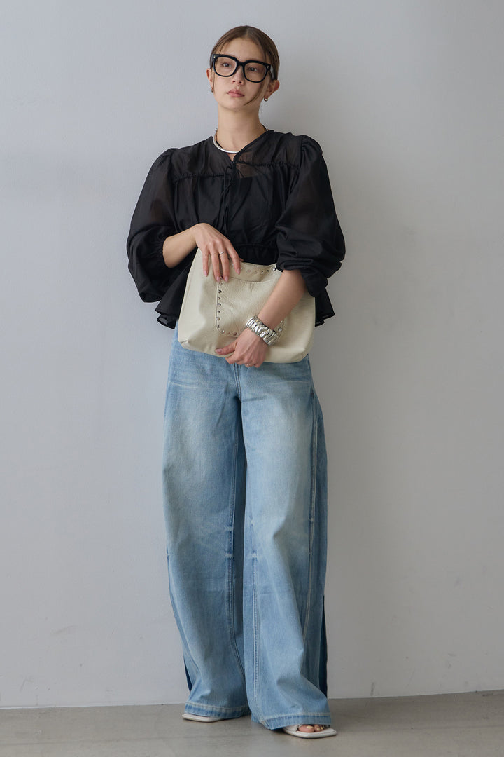 [SET]ウエストドロストシフォンブラウス+ストレートデニムパンツ(2set)