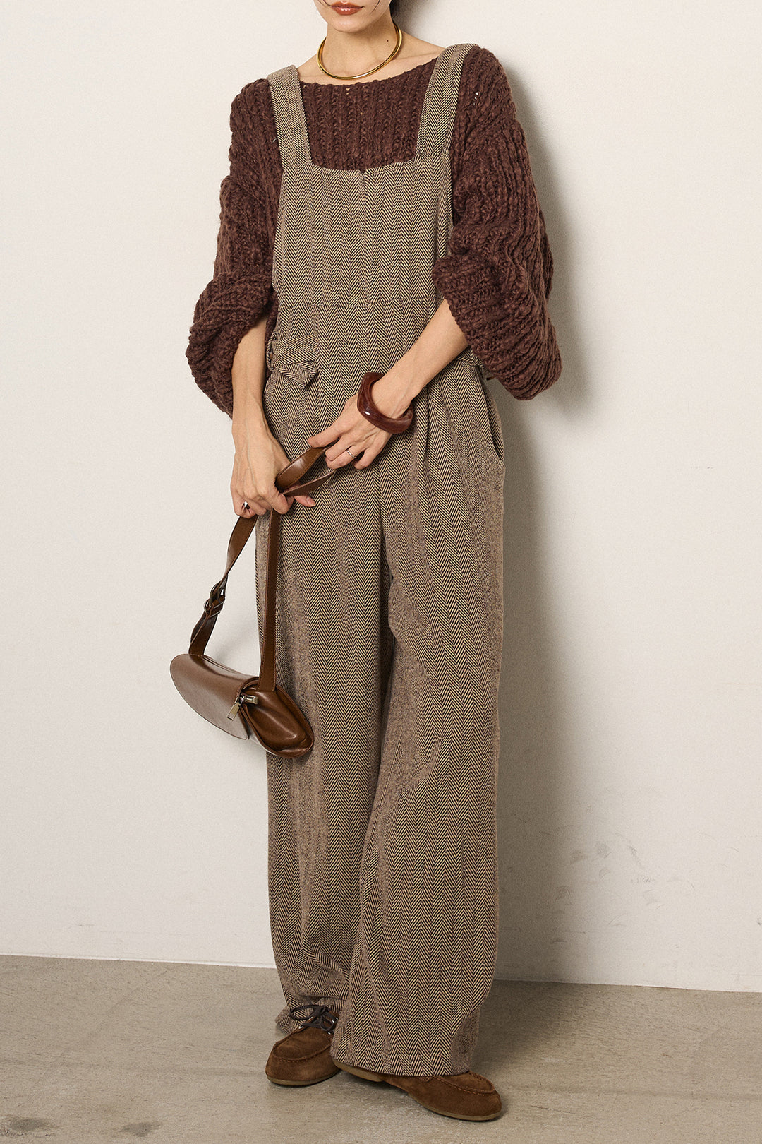 [SET]チャンキースラブニットクロップドプルオーバー+クラシックヘリンボーンサロペット(2set)