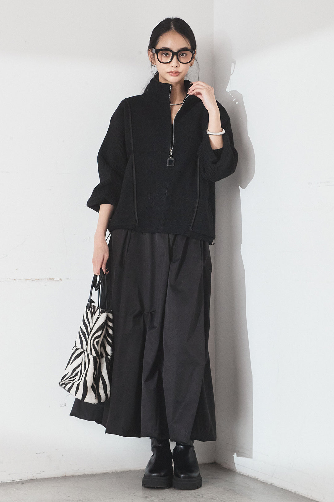 [SET]ハイネックパイピングデザインブルゾン+ランダムタックバルーンスカート(2set)