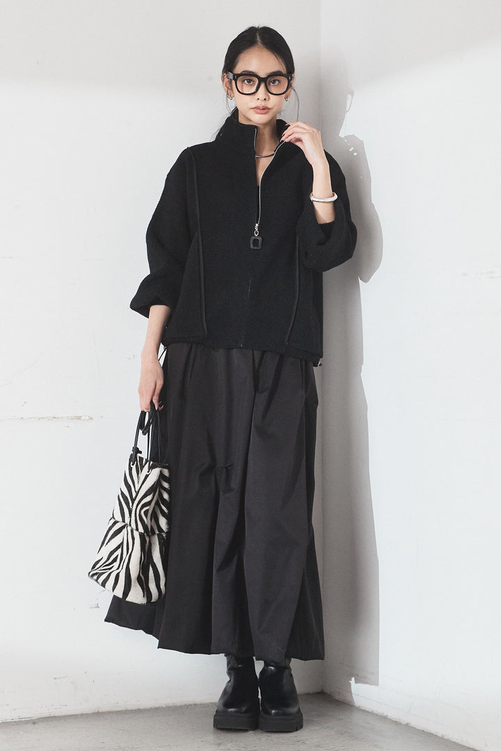 [SET]ハイネックパイピングデザインブルゾン+ランダムタックバルーンスカート(2set)