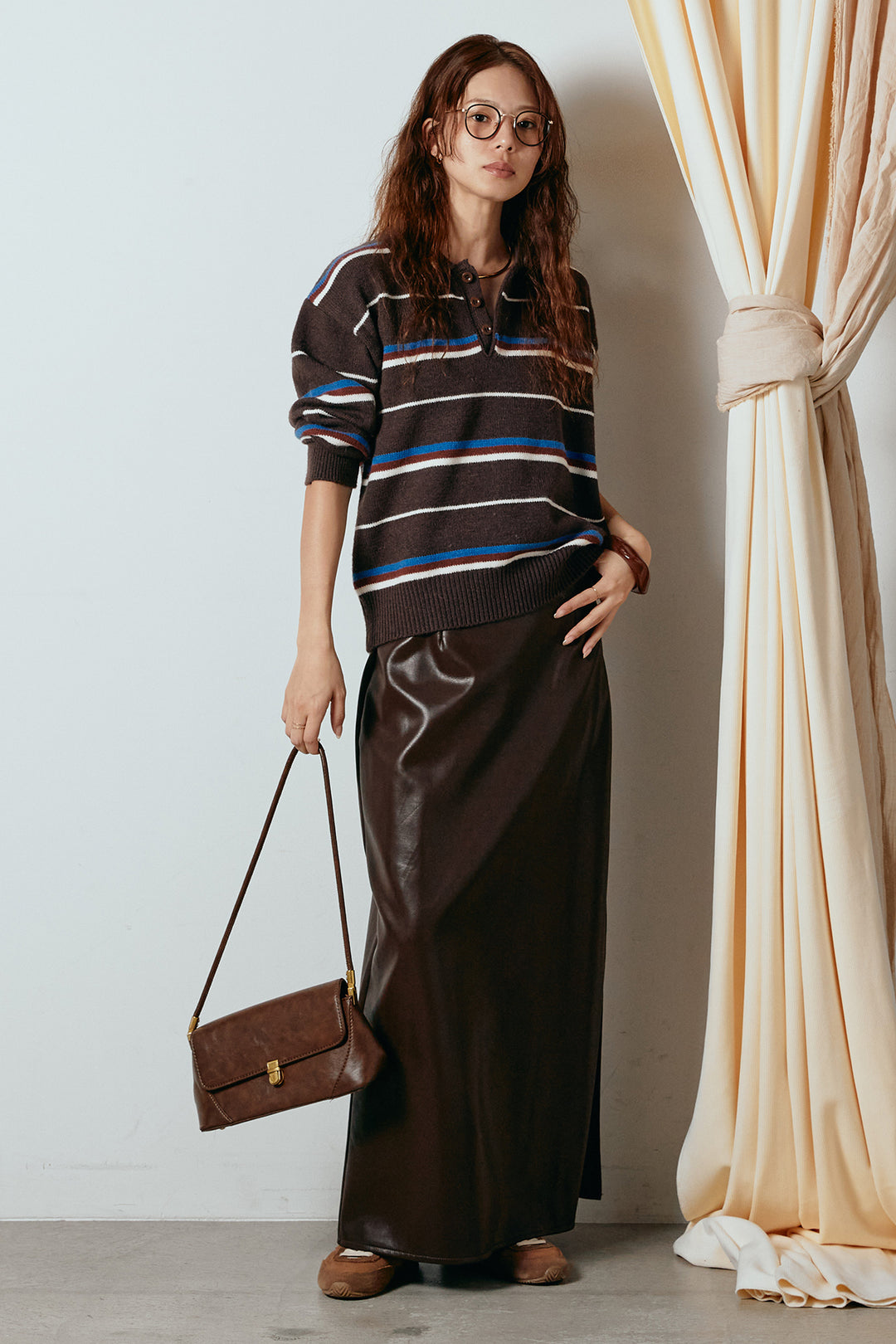 [SET]襟付きマルチボーダーニットポロトップス+紐付きフェイクレザーワイドスカート(2set)