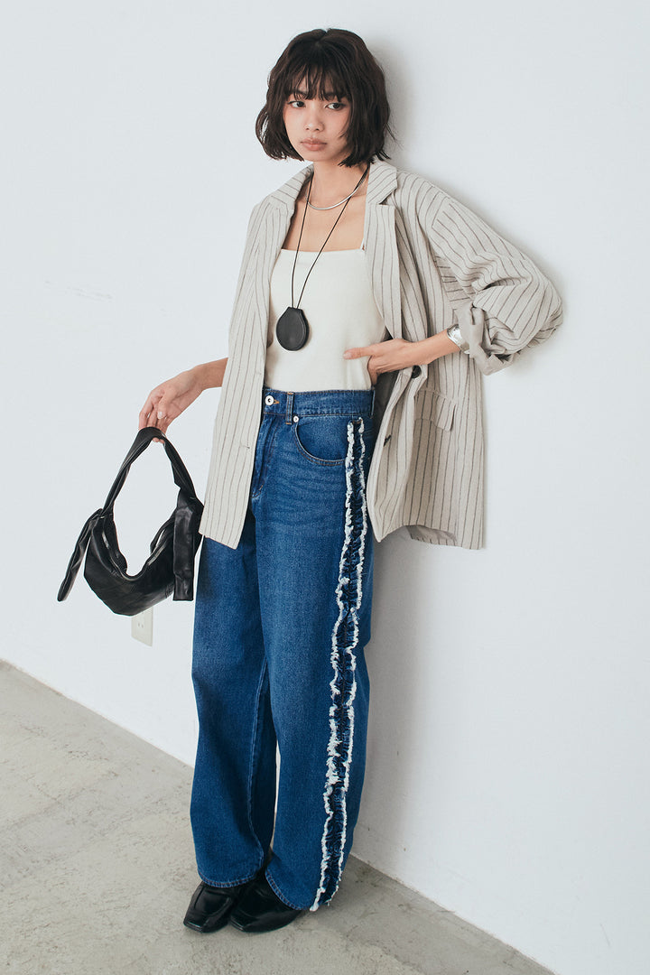 [SET]リネンライクストライプテーラードジャケット+デニムサイドフリルパンツ(2set)