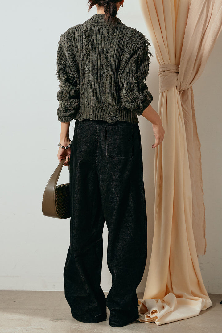 [SET]ハイネックフリンジジップニットトップス+フロントタック入りコーデュロイパンツ(2set)