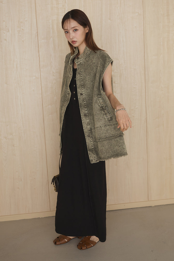 [SET]ケミカルデニムヘムカットオフジレ+ノースリロングワンピース(2set)