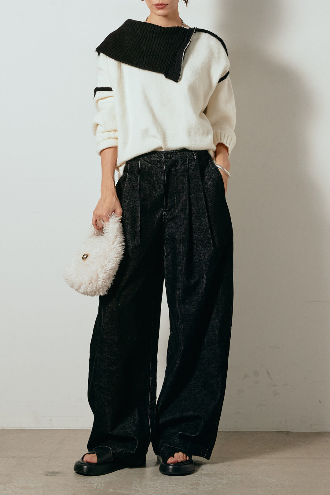 [SET]ハイネックジップデザインニットトップス+フロントタック入りコーデュロイパンツ(2set)