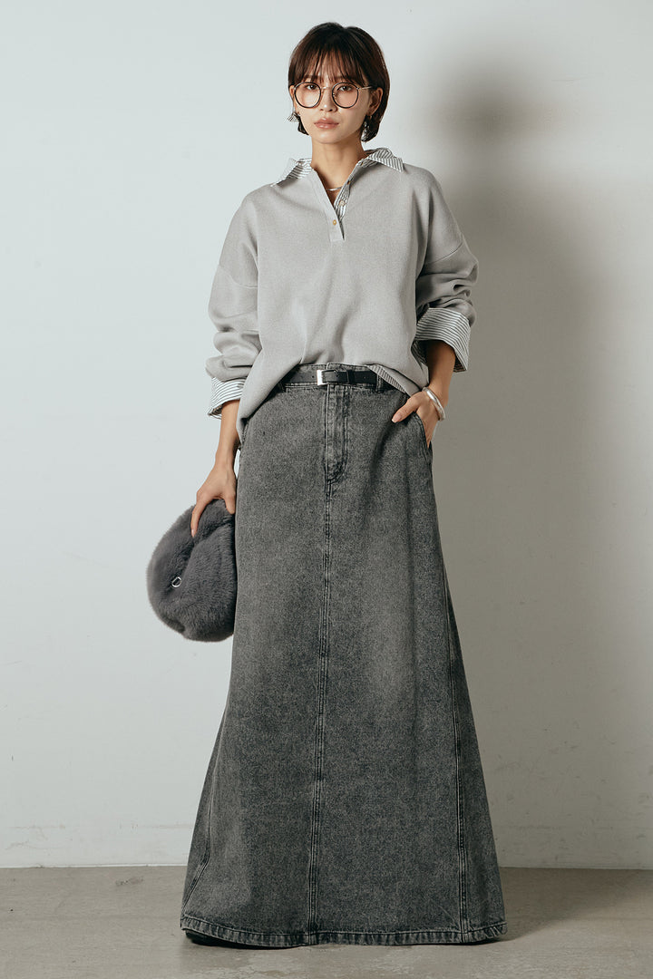 [SET]ストライプシャツドッキングポロトップス+デニムロングフレアスカート(2set)