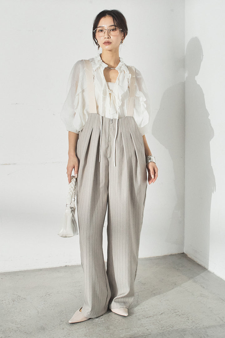 [SET]フロントリボンフリルブラウス+ピンストライプツータックサロペット(2set)