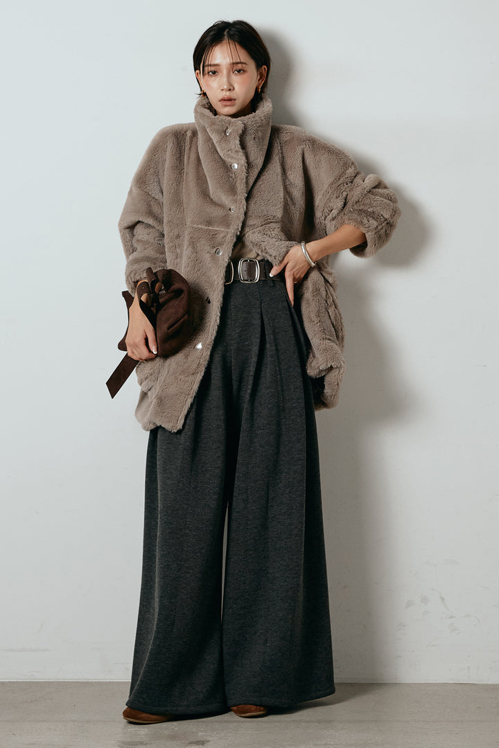 [SET]スタンドネックファーコート+フェイクレザー太ベルト付きタックワイドパンツ(2set)