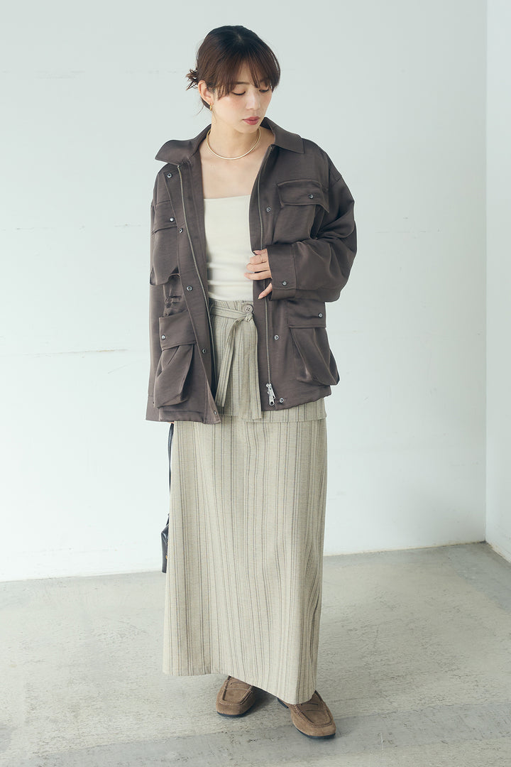 [SET]サテンライトブルゾン+ラップ巻きピンストライプワイドスカート(2set)