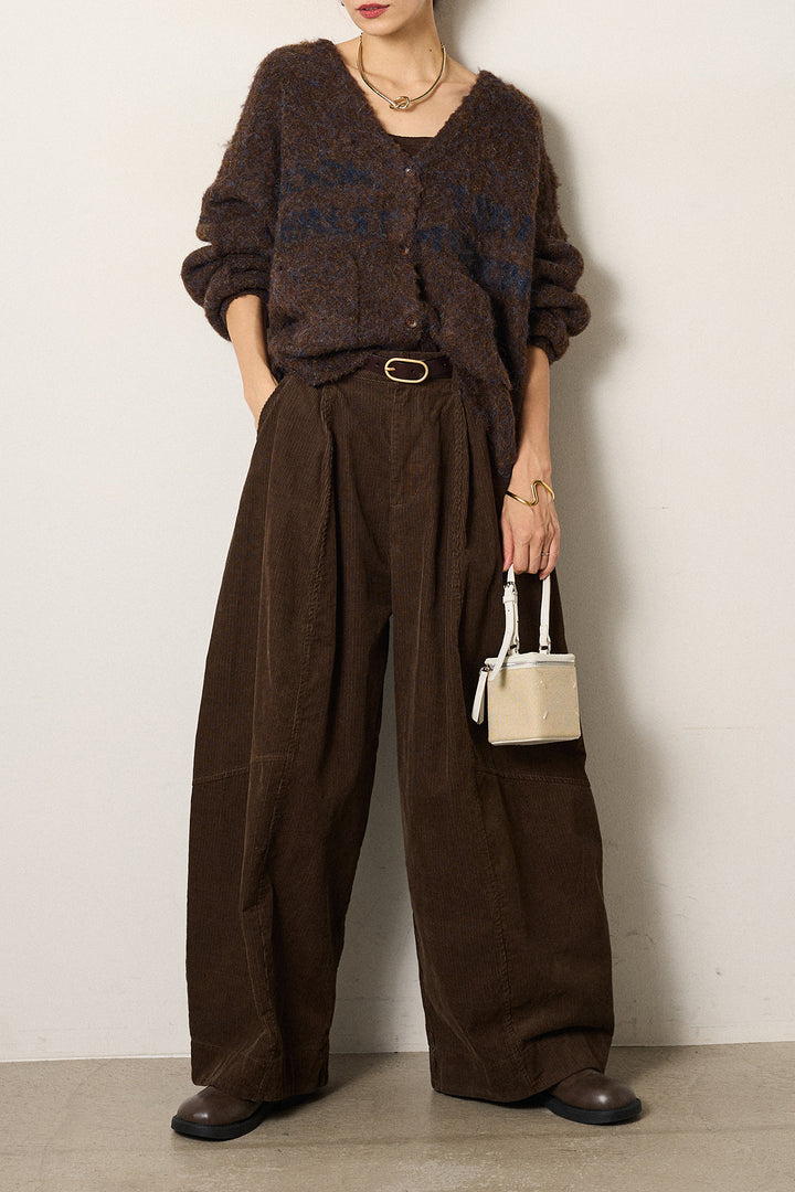 [SET]ウール混透かしロゴニットカーディガン+タック入りコーデュロイワイドパンツ(2set)