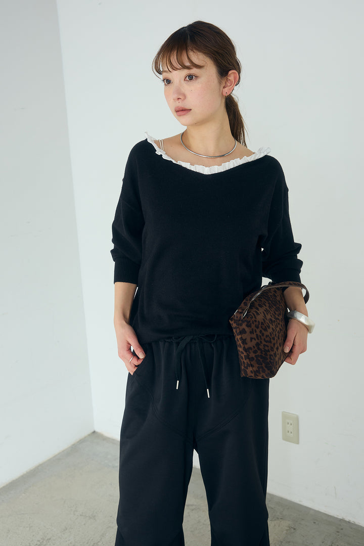 [SET]クールクール異素材コンビオフショルプルオーバー+ランダムタックデザインワイドパンツ(2set)