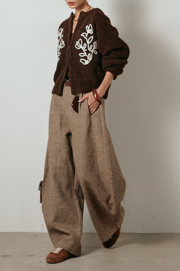 【即納】ベルト付きネップツイードカーブパンツ/コーヒー