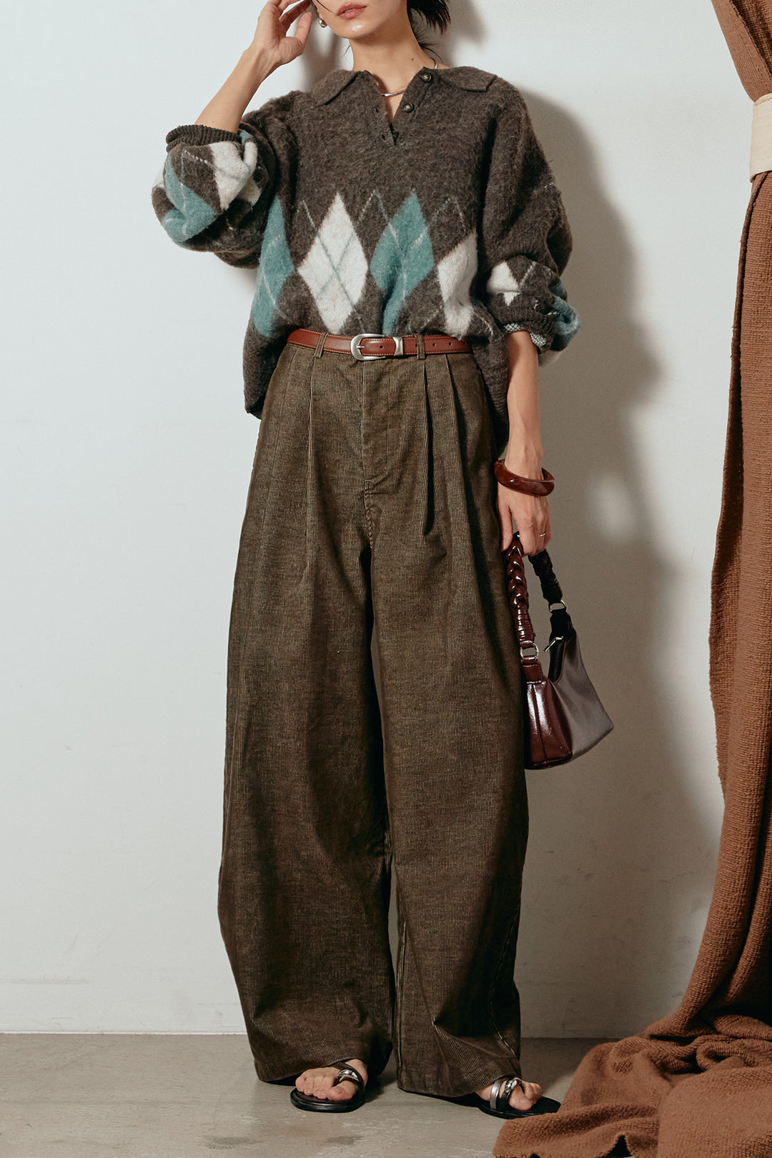 [SET]アーガイル柄ポロニットトップス+フロントタック入りコーデュロイパンツ(2set)