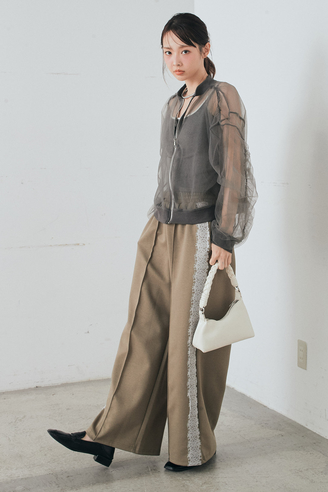 [SET]エアリーチュールスリーブシアーブルゾン+Wフェイスカットソーサイドレースラインパンツ(2set)