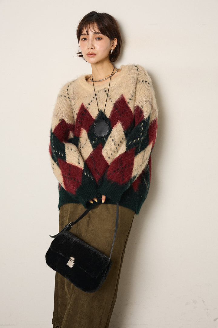 [SET]配色アーガイル柄ニットトップス+スウェードライク裾フリンジスカート(2set)