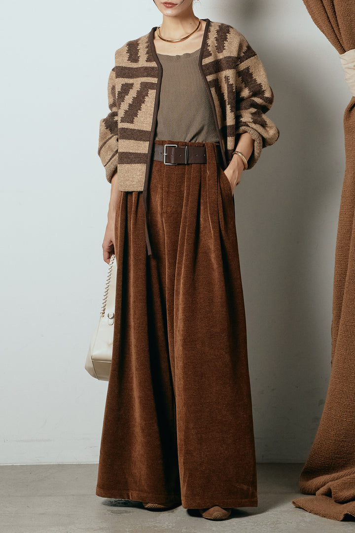 [SET]ノーカラー幾何学模様アウター+ベルトループコーデュロイワイドパンツ(2set)