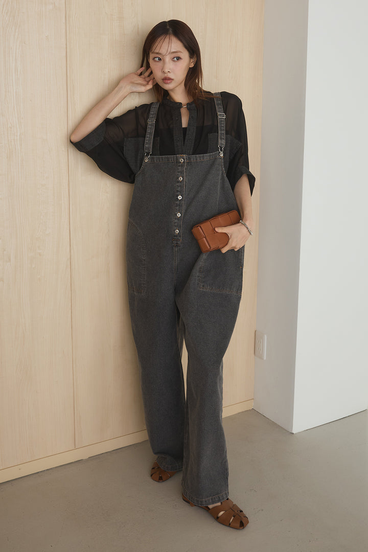 [SET]デニムライクビッグツーポケシアーシャツ+フロントボタンデニムサロペット(2set)