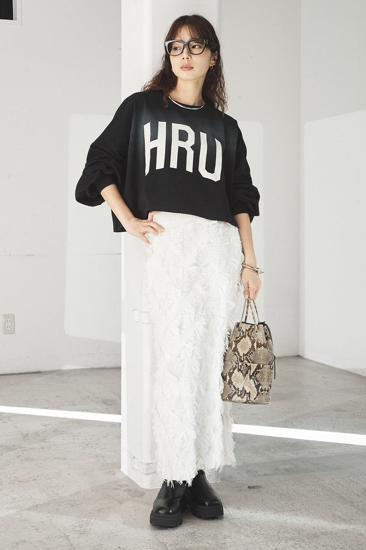 [SET]ビッグロゴHRU袖ボリュームトップス+カットフリンジニットタイトスカート(2set)