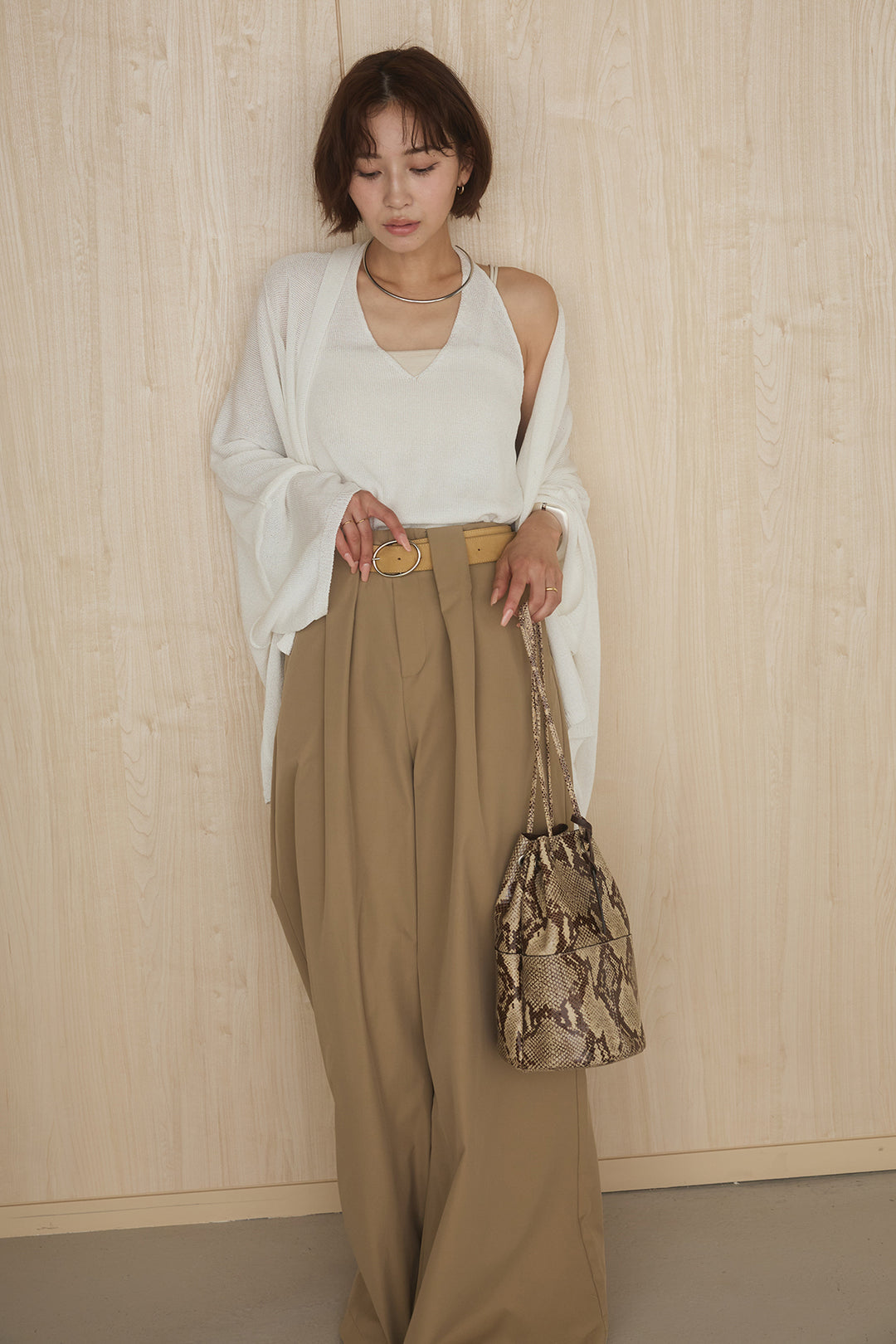 [SET]オーバードルマンカーディガン+ベルトループデザインハイウエストタックパンツ(2set)