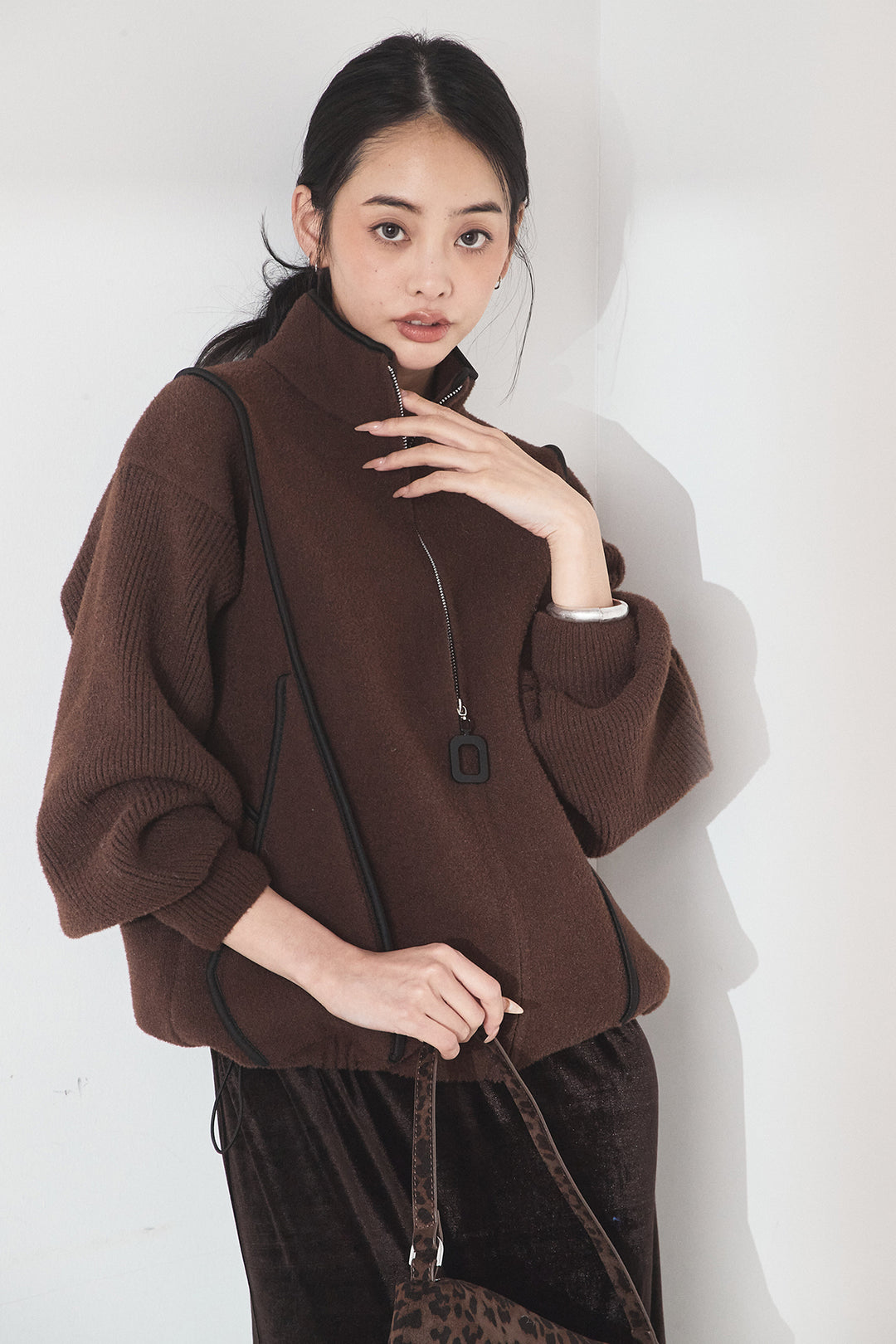 [SET]ハイネックパイピングデザインブルゾン+ベロアバレエネックワンピース(2set)