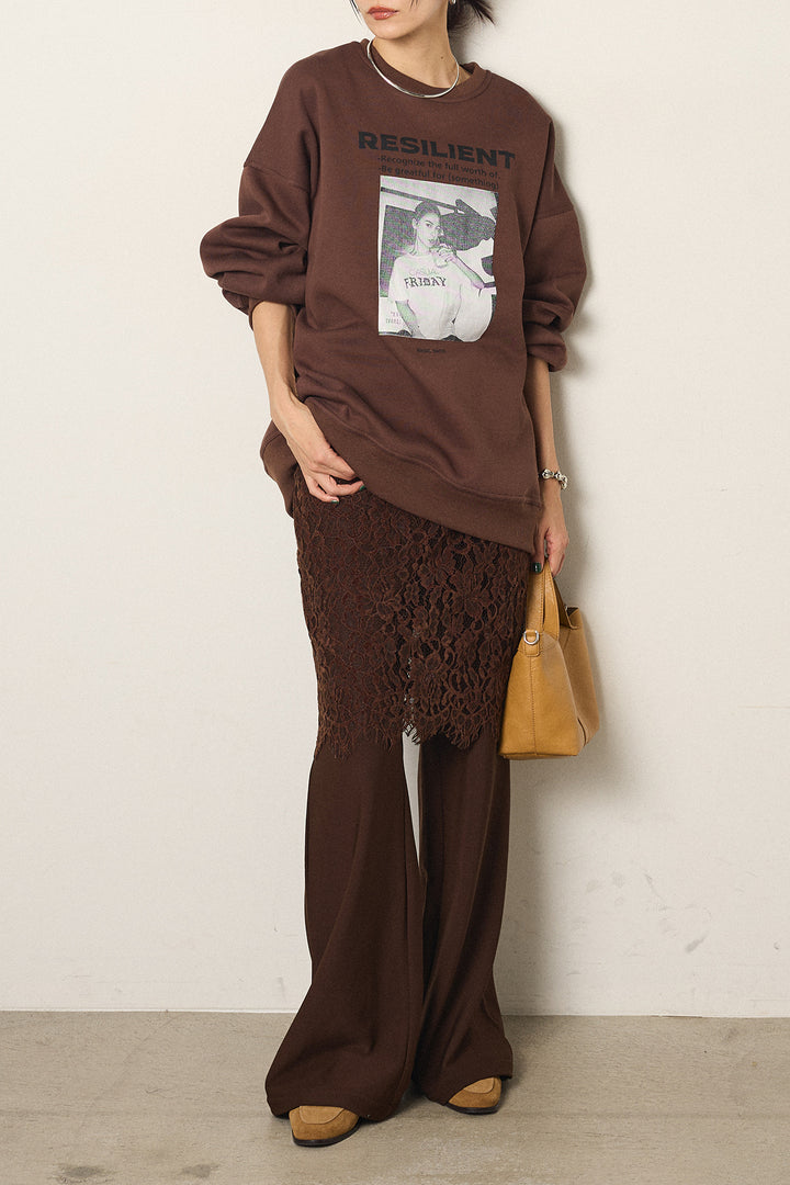 [SET]モノトーンプリントスウェット+レース刺繍レイヤードフレアパンツ(2set)