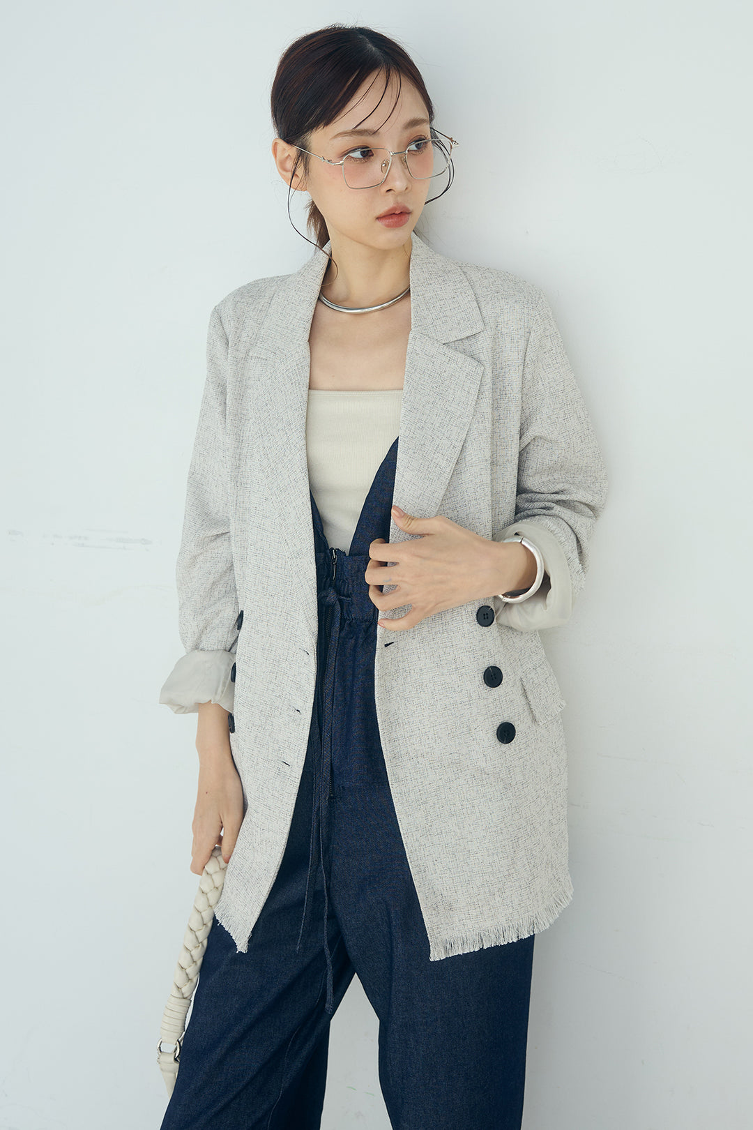 [SET]スラブネップツイードフリンジテーラードジャケット+デニムペプラムコンビネゾン(2set)