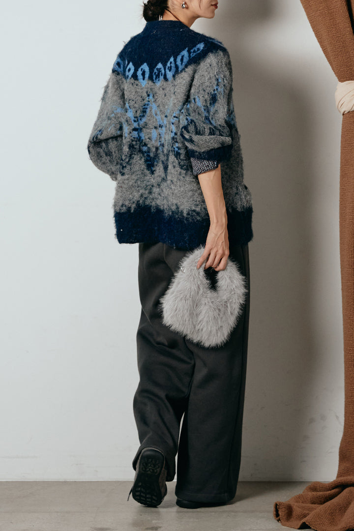 [SET]シャギーニュアンス柄ニットカーディガン+裏起毛スウェットワイドパンツ(2set)