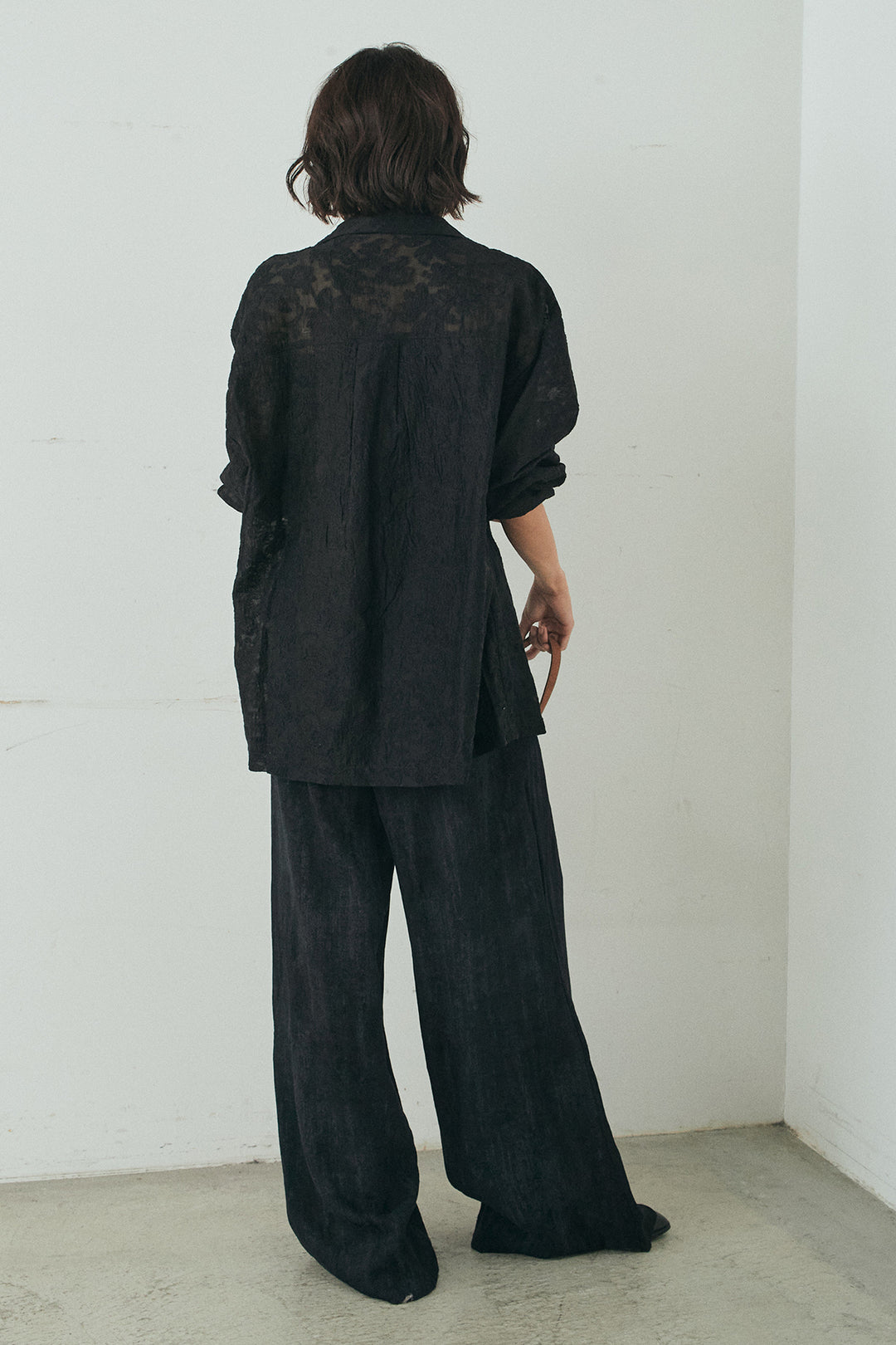 [SET]刺繍シアーオープンカラーシャツ+リネン混かすれ柄ワイドパンツ(2set)