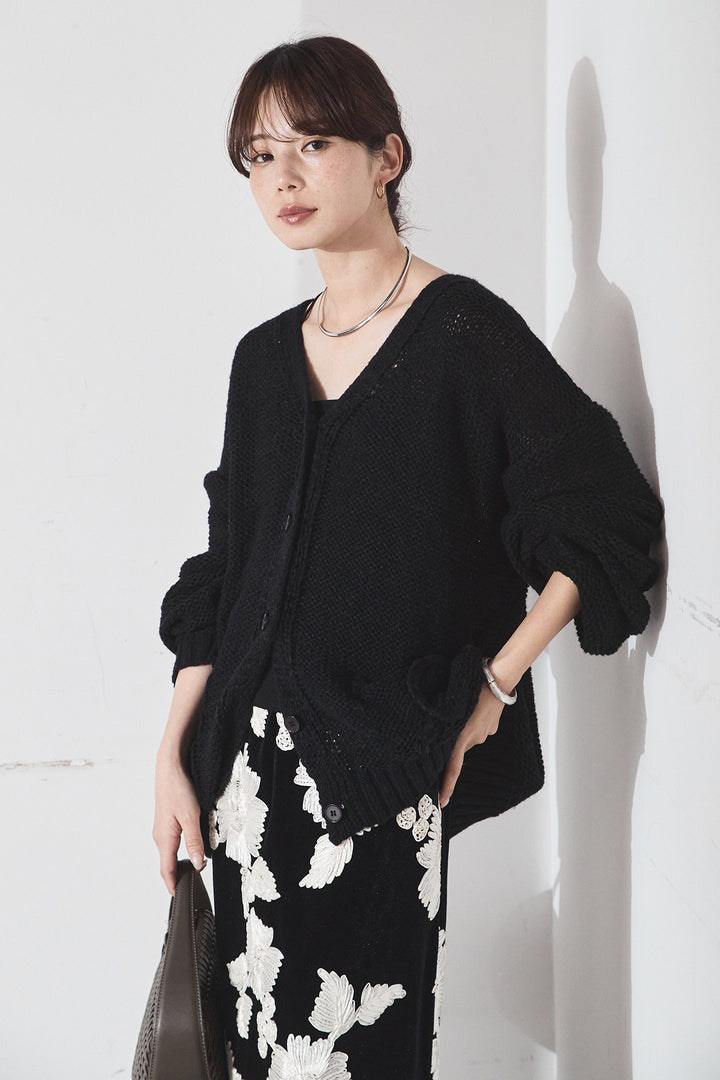[SET]コード刺繍リラックスニットカーディガン+フラワー刺繍ワイドスカート(2set)