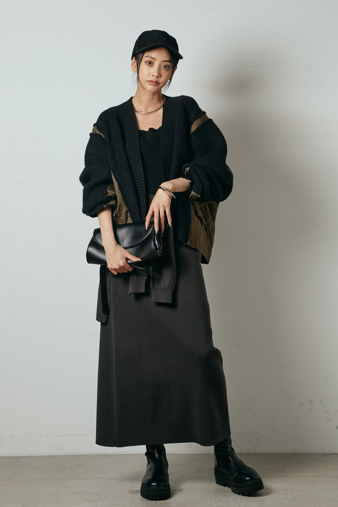 [SET]キルティング切り替えニットカーディガン+ウエストラップ巻きニットスカート(2set)