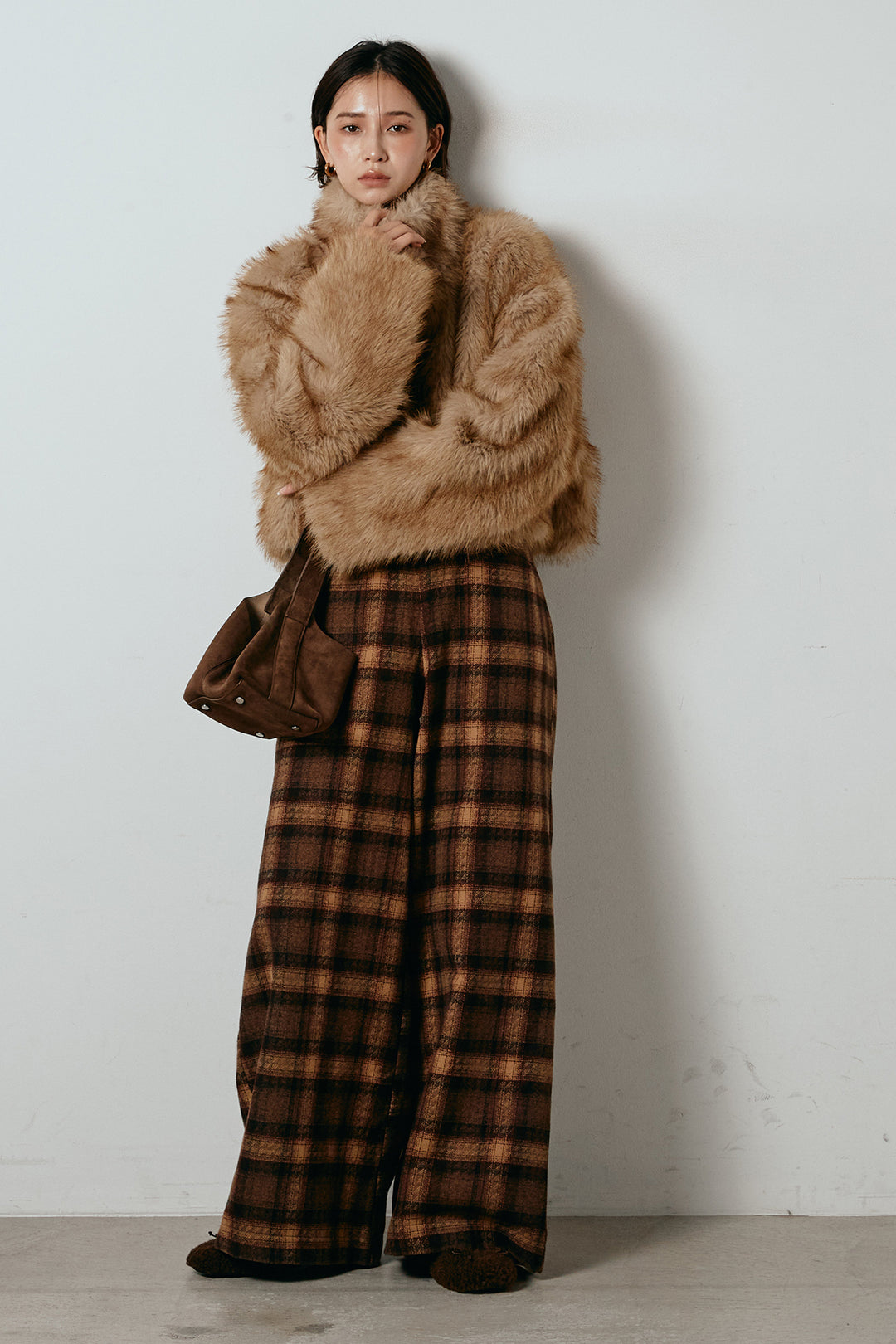 [SET]エコファーショート丈ブルゾン+ルーズタータンチェックワイドパンツ(2set)