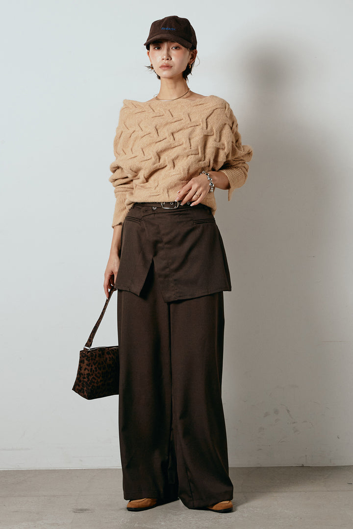 [SET]ボートネックニットトップス+ベルト付きウエストデザインパンツ(2set)