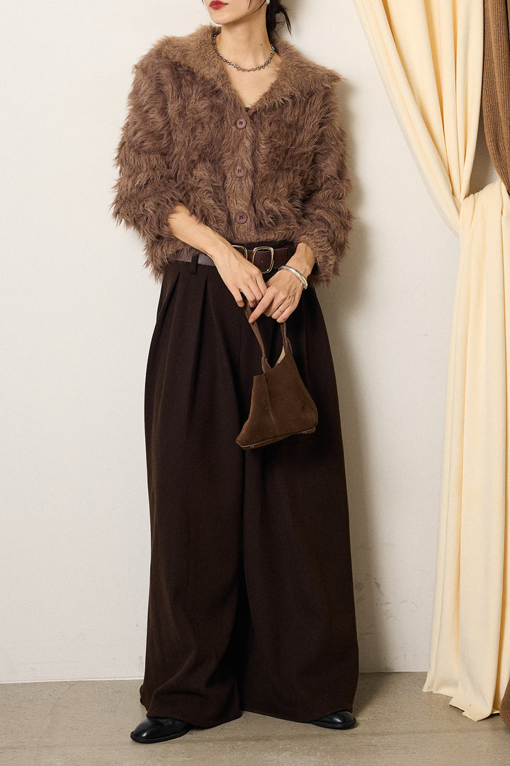 [SET]襟付きシャギーニットカーディガン+フェイクレザー太ベルト付きタックワイドパンツ(2set)