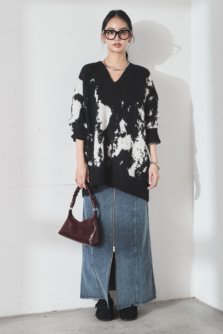 [SET]アブストラクト柄ニットプルオーバー+フロントジップデニムスカート(2set)