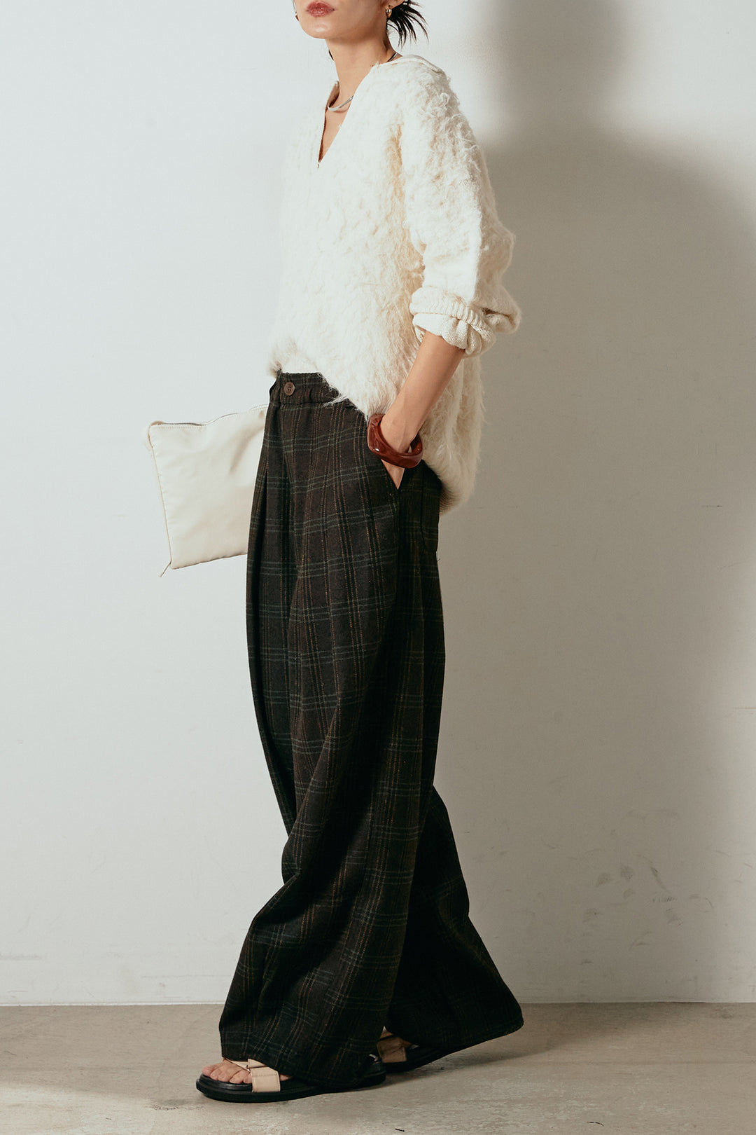 [SET]襟付きシャギーニットポロトップス+タータンチェック柄タックパンツ(2set)