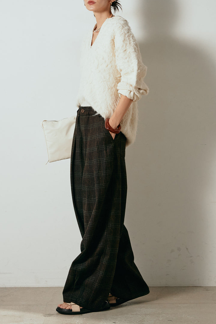 [SET]襟付きシャギーニットポロトップス+タータンチェック柄タックパンツ(2set)