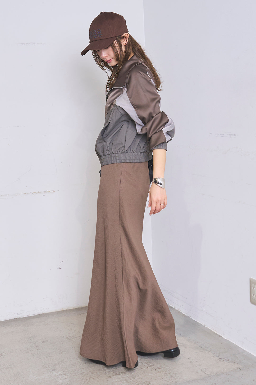 [SET]異素材切替ZIPブルゾン+リネンブレンドロングナロースカート(2set)