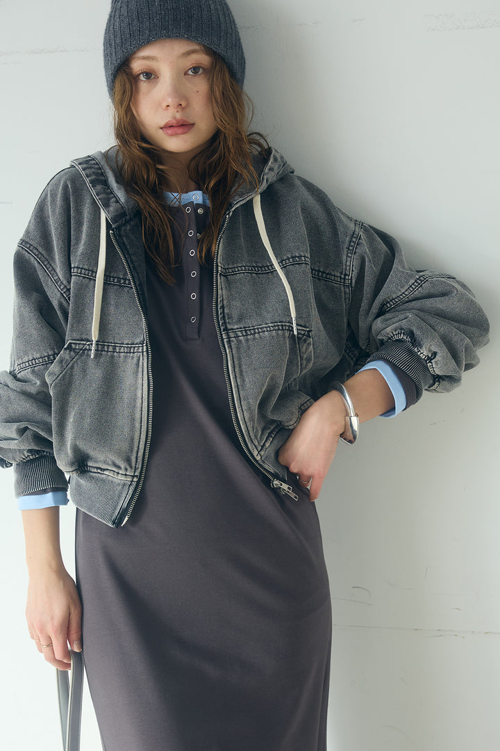 [SET]デニムダブルジップパーカーブルゾン+レイヤード見えヘンリーネックロングワンピース(2set)