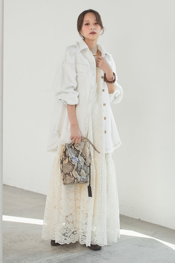 [SET]フリンジデニムジャケット+レース刺繍フレアキャミワンピース(2set)